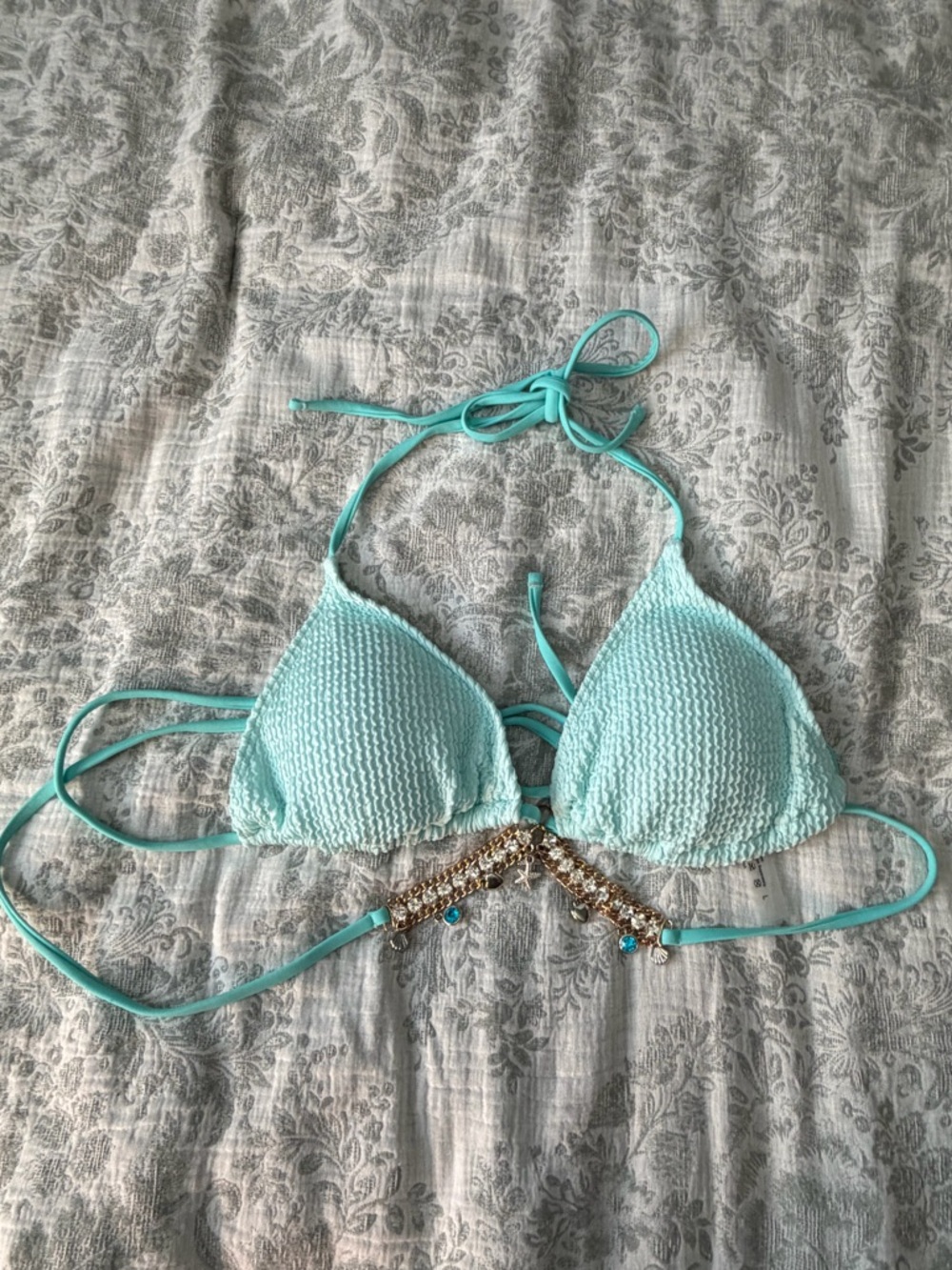 Mint Textured Bikini Set Rhinestone Beachy Chain Detail Size L - Picture 3 of 7